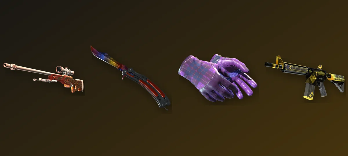 Illustrated CS2 skins stash showing weapon skins, cases and rarity tags